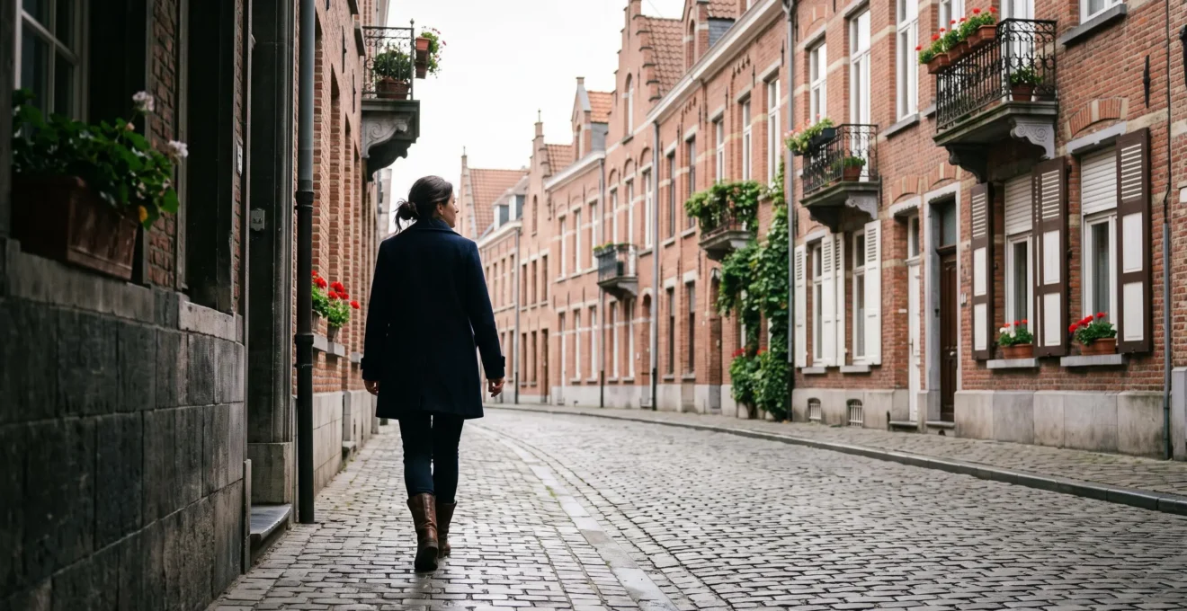 Silhouette d'une femme marchant seule vers la lumière dans une rue pavée typique de Belgique, symbole d'un nouveau départ après des violences