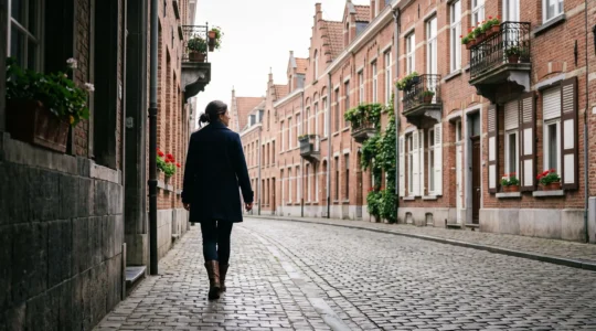 Silhouette d'une femme marchant seule vers la lumière dans une rue pavée typique de Belgique, symbole d'un nouveau départ après des violences