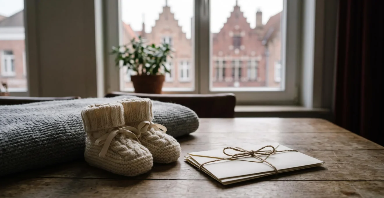 Nid douillet symbolisant la naissance et le soutien financier familial en Belgique, avec une silhouette urbaine belge en arrière-plan