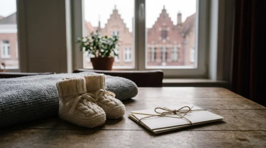 Nid douillet symbolisant la naissance et le soutien financier familial en Belgique, avec une silhouette urbaine belge en arrière-plan