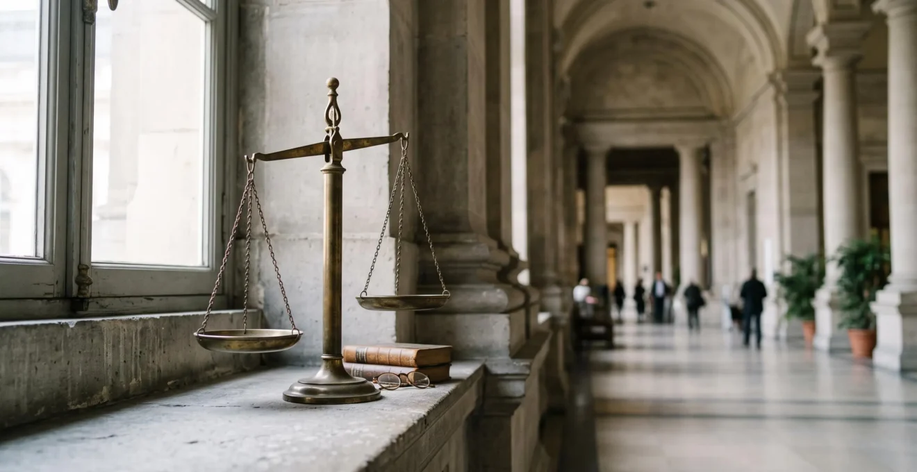 Balance de la justice en bronze dans une architecture judiciaire belge, symbolisant les peines encourues en droit penal