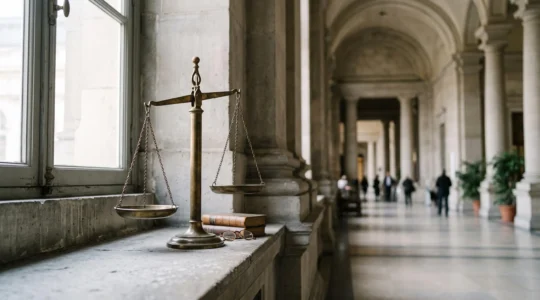 Balance de la justice en bronze dans une architecture judiciaire belge, symbolisant les peines encourues en droit penal