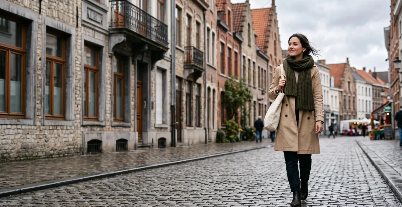 Femme élégante marchant dans une rue pavée typique d'une ville belge, incarnant une mode responsable et accessible
