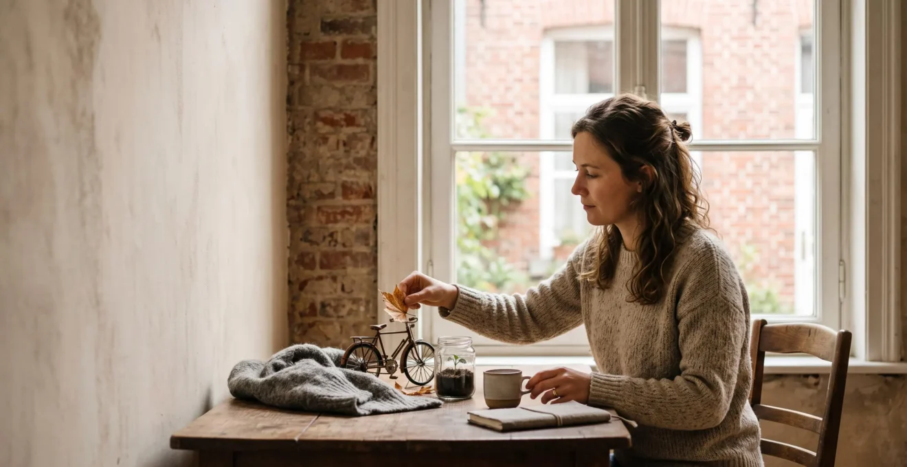 Une femme organise des objets symboliques representant les postes de son empreinte carbone dans un interieur belge lumineux