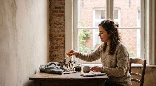 Une femme organise des objets symboliques representant les postes de son empreinte carbone dans un interieur belge lumineux