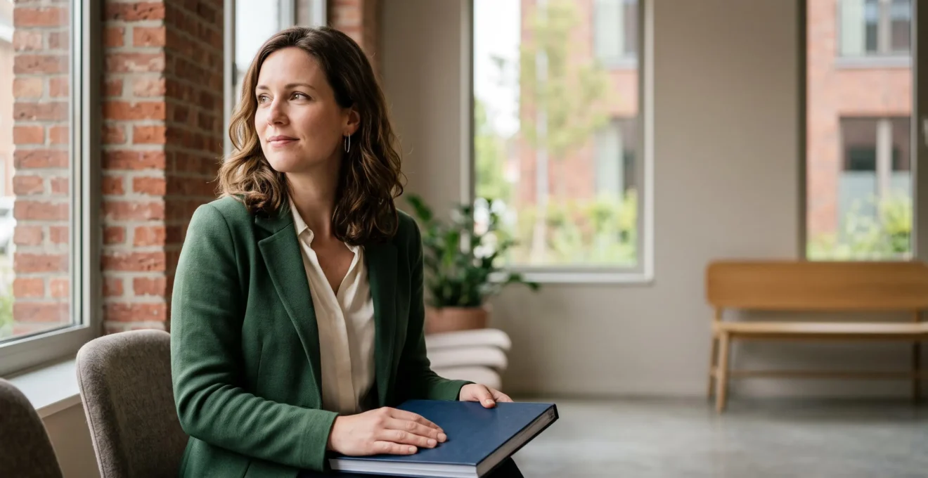 Femme belge consultant sereinement les options de sa mutuelle pour sa sante, dans un interieur lumineux