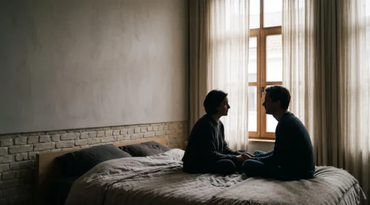 Deux mains qui se touchent doucement près d'une fenêtre lumineuse, symbole du dialogue et de la confiance dans le consentement au sein du couple