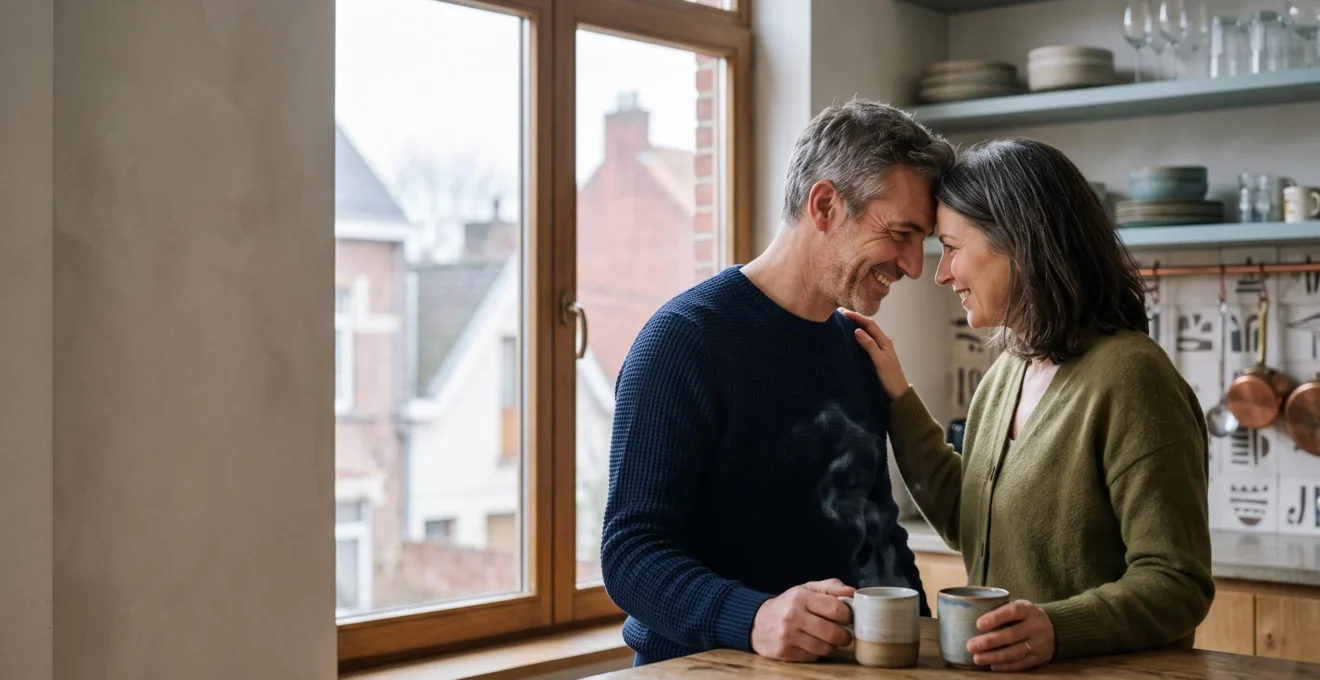 Couple d'âge mûr partageant un moment de complicité silencieuse dans une cuisine lumineuse en Belgique, symbole d'une vie conjugale épanouie sur le long terme