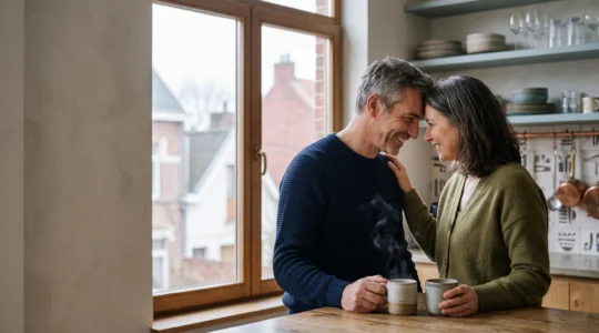 Couple d'âge mûr partageant un moment de complicité silencieuse dans une cuisine lumineuse en Belgique, symbole d'une vie conjugale épanouie sur le long terme