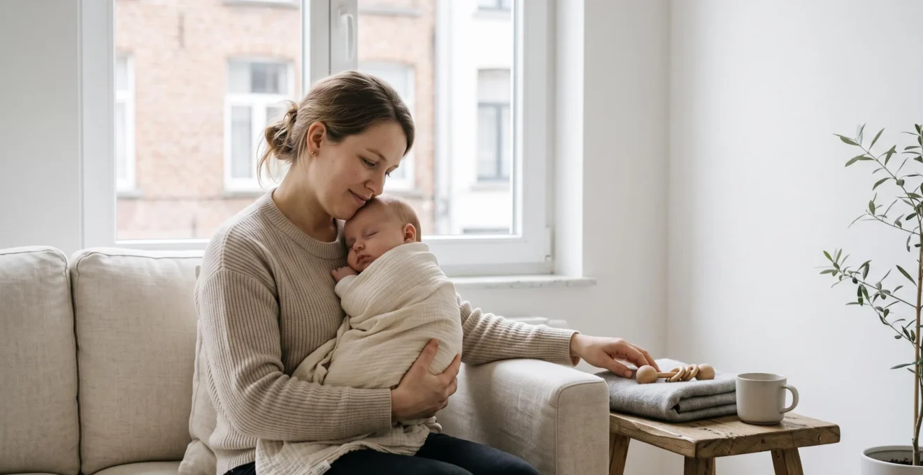 Jeune mère en Belgique tenant son bébé dans un intérieur lumineux, symbolisant l'équilibre entre suivi médical et vie personnelle