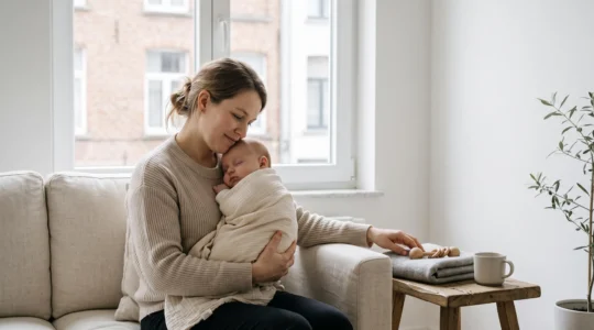 Jeune mère en Belgique tenant son bébé dans un intérieur lumineux, symbolisant l'équilibre entre suivi médical et vie personnelle