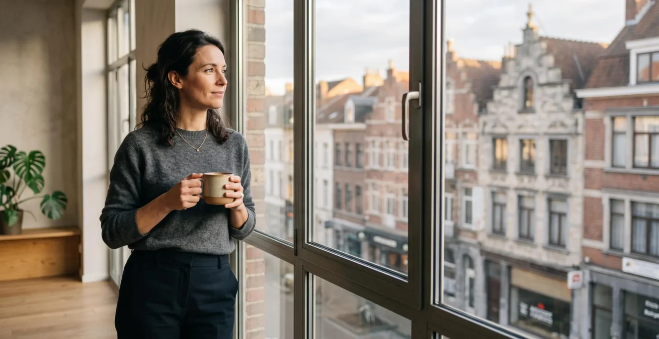 Femme active trouvant un moment de calme et d'équilibre dans son quotidien surchargé, dans un cadre urbain belge