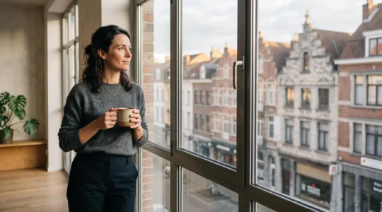 Femme active trouvant un moment de calme et d'équilibre dans son quotidien surchargé, dans un cadre urbain belge