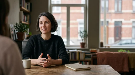 Femme en pleine réflexion lors d'un dialogue apaisé, symbolisant la maîtrise de la communication non violente pour transformer les relations conflictuelles