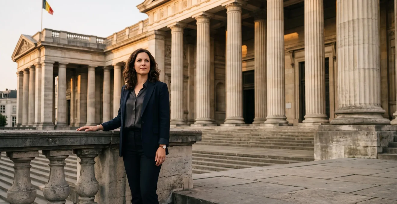 Femme confiante devant un palais de justice belge symbolisant la défense de ses droits légaux