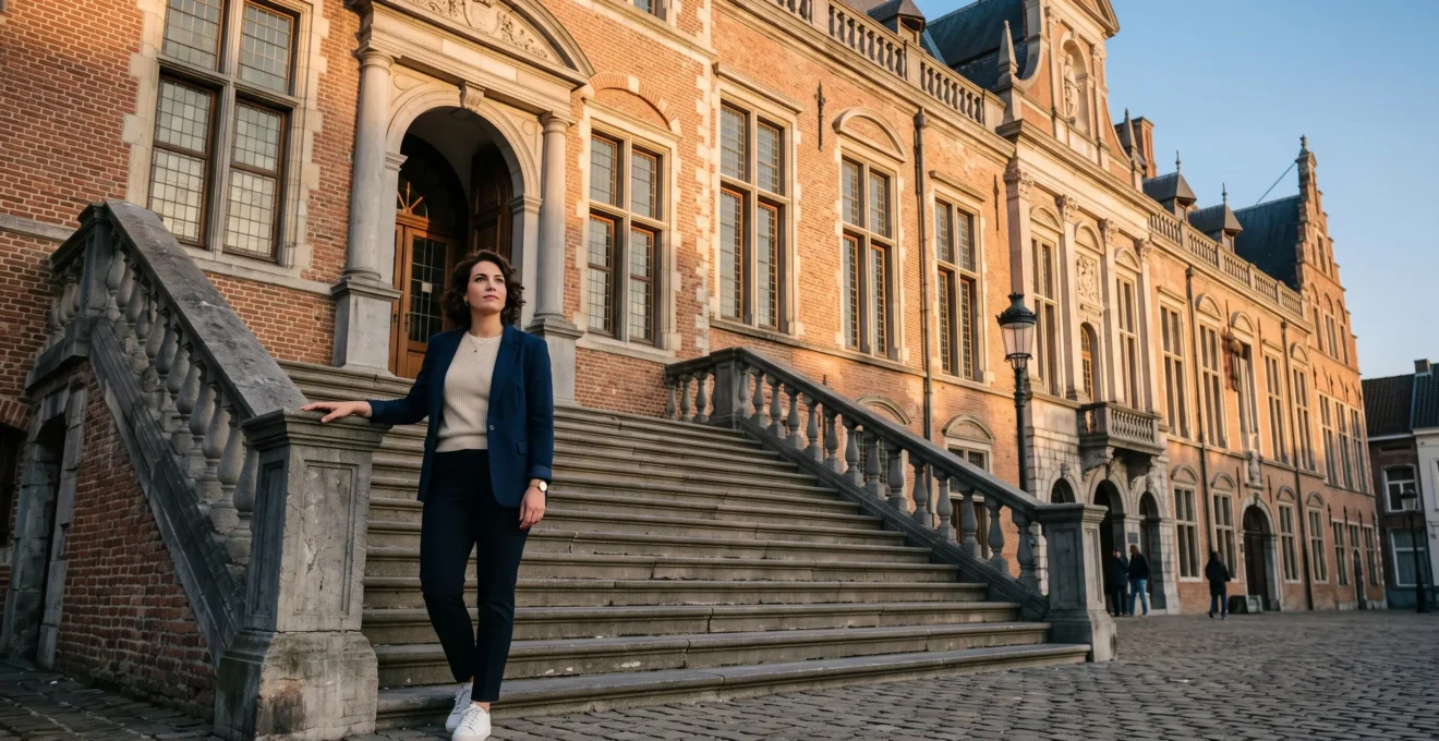 Une femme se tenant face à un hôtel de ville belge en brique, symbole du passage de l'engagement individuel à l'action institutionnelle