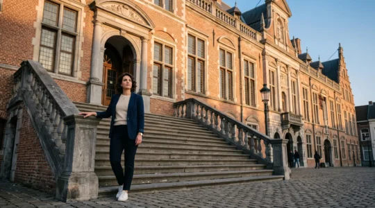 Une femme se tenant face à un hôtel de ville belge en brique, symbole du passage de l'engagement individuel à l'action institutionnelle