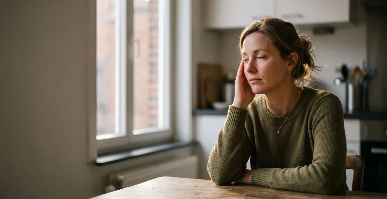 Portrait d'une femme pensive en pause dans un interieur lumineux, symbolisant l'epuisement lie a la charge mentale invisible