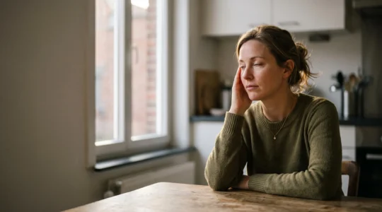 Portrait d'une femme pensive en pause dans un interieur lumineux, symbolisant l'epuisement lie a la charge mentale invisible