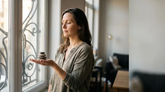 Femme sereine dans une lumière douce, symbolisant l'équilibre retrouvé grâce au bien-être holistique
