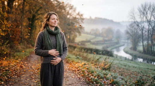 Femme se tenant paisiblement dans un paysage belge en transition entre deux saisons, symbolisant l'harmonie entre cycle menstruel et rythme naturel