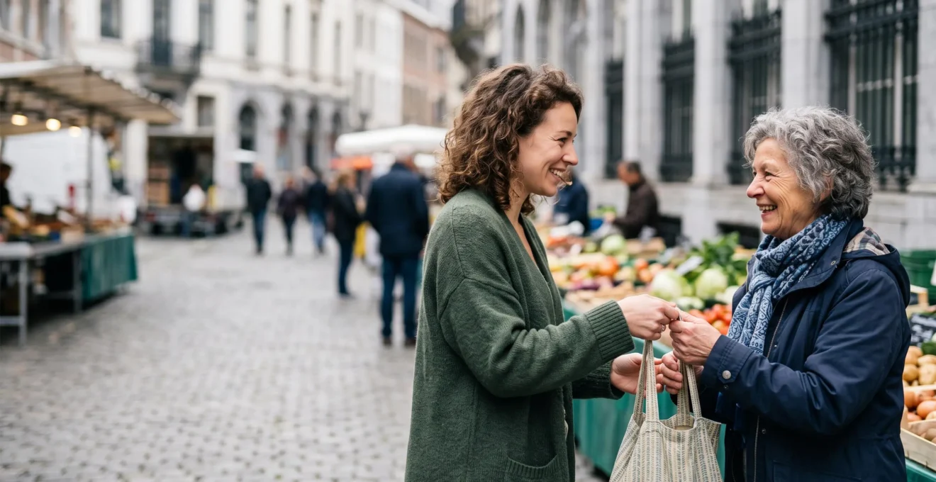 Une femme échangeant avec une commerçante sur un marché belge, symbole d'un engagement féministe discret et quotidien