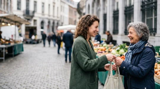 Une femme échangeant avec une commerçante sur un marché belge, symbole d'un engagement féministe discret et quotidien
