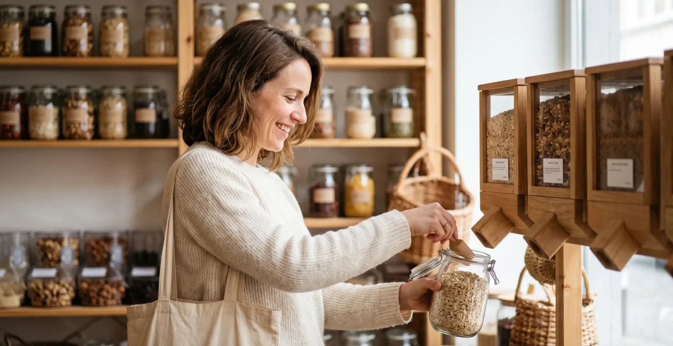Femme souriante faisant ses courses en vrac avec des bocaux réutilisables dans une épicerie belge