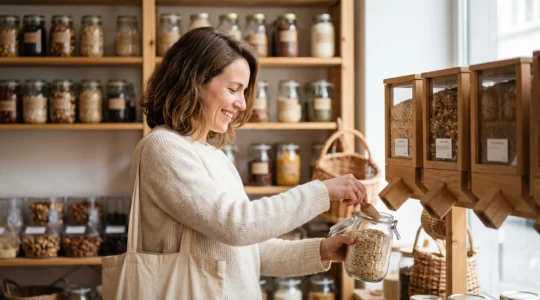 Femme souriante faisant ses courses en vrac avec des bocaux réutilisables dans une épicerie belge
