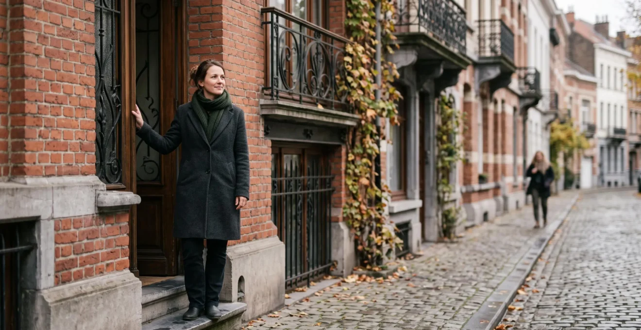 Femme sereine dans une rue typique bruxelloise, symbole d'équilibre affectif en couple ou en célibat assumé