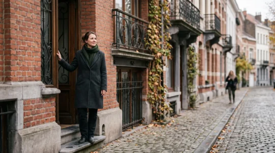 Femme sereine dans une rue typique bruxelloise, symbole d'équilibre affectif en couple ou en célibat assumé