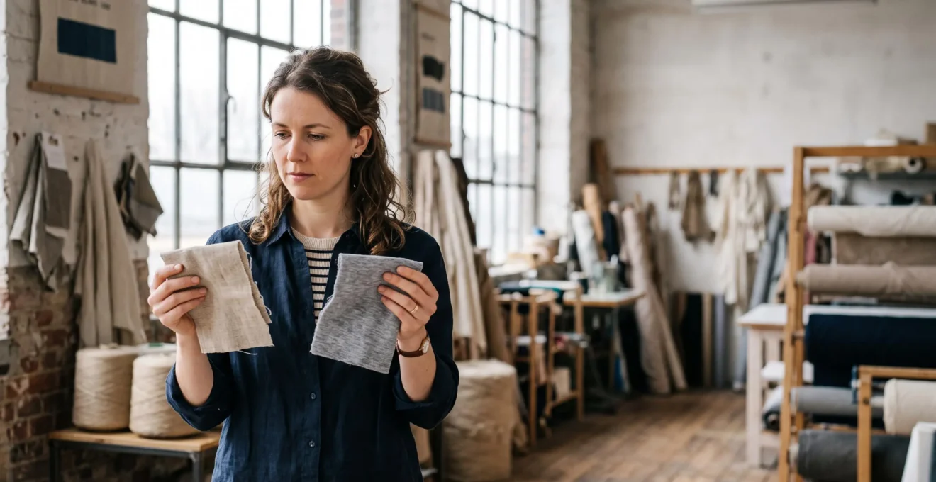 Femme examinant de près des échantillons de tissus naturels et recyclés dans un atelier lumineux, symbole du tri entre vraies et fausses allégations vertes