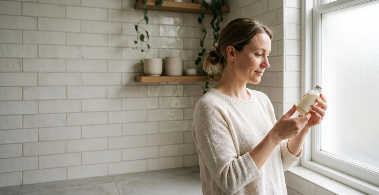 Une femme examine attentivement un flacon de soin sans étiquette lisible dans une salle de bain lumineuse et épurée