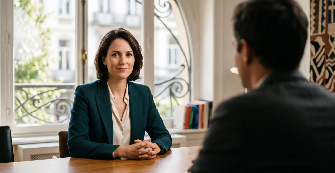 Femme professionnelle en posture de négociation salariale dans un bureau moderne à l'architecture belge