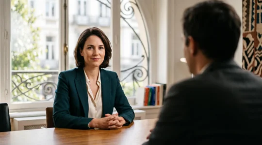 Femme professionnelle en posture de négociation salariale dans un bureau moderne à l'architecture belge