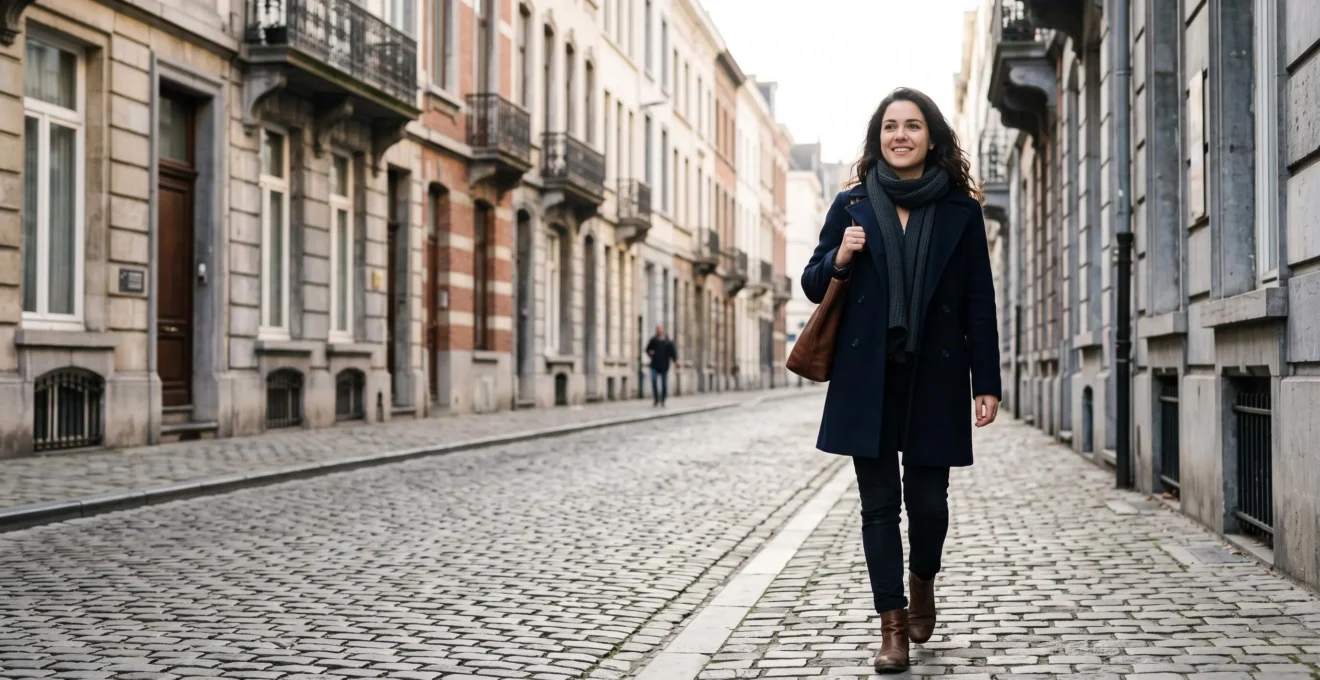 Une femme marche avec assurance dans une rue pavée typique d'une ville belge, symbolisant la reconquête de l'espace public face au harcèlement de rue.