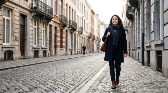 Une femme marche avec assurance dans une rue pavée typique d'une ville belge, symbolisant la reconquête de l'espace public face au harcèlement de rue.