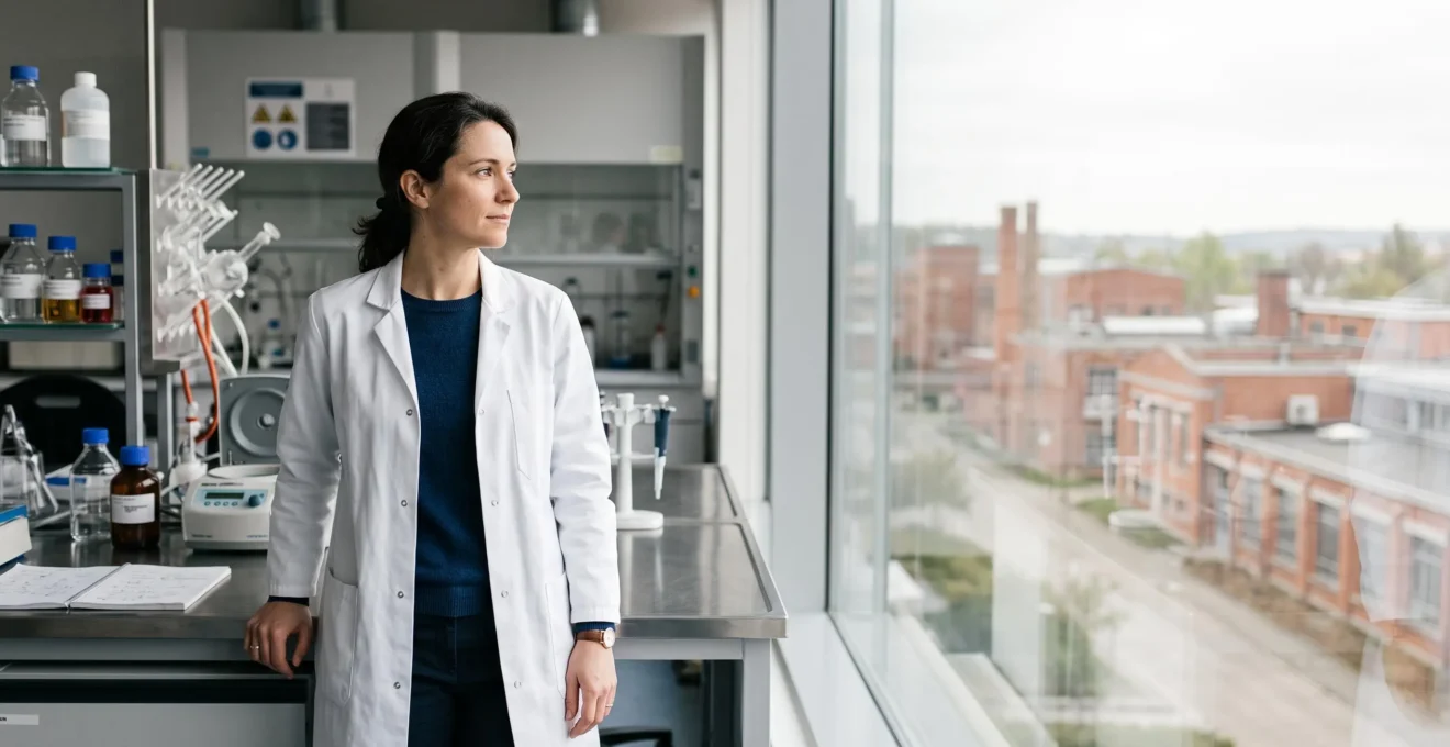 Femme scientifique belge en blouse de laboratoire regardant vers un horizon lumineux, symbolisant une carrière durable malgré les obstacles