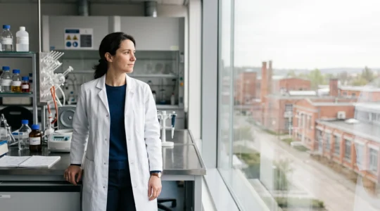 Femme scientifique belge en blouse de laboratoire regardant vers un horizon lumineux, symbolisant une carrière durable malgré les obstacles