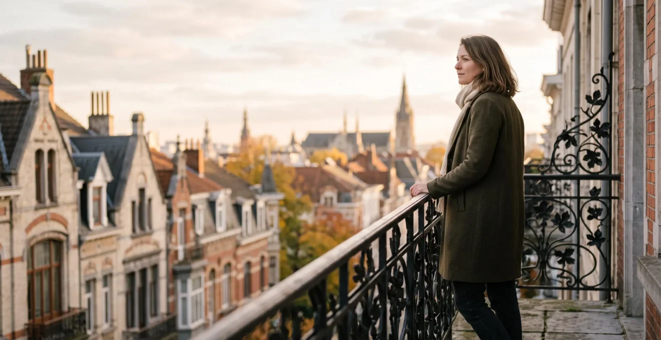 Femme sereine debout face à un balcon Art Nouveau bruxellois, symbole de stabilité émotionnelle intérieure
