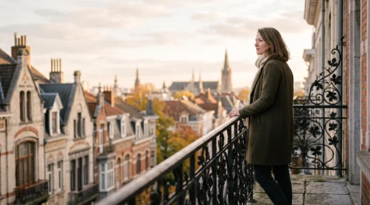 Femme sereine debout face à un balcon Art Nouveau bruxellois, symbole de stabilité émotionnelle intérieure
