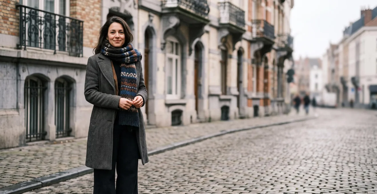 Femme élégante portant un mélange de pièces vintage et contemporaines devant une façade Art Nouveau bruxelloise