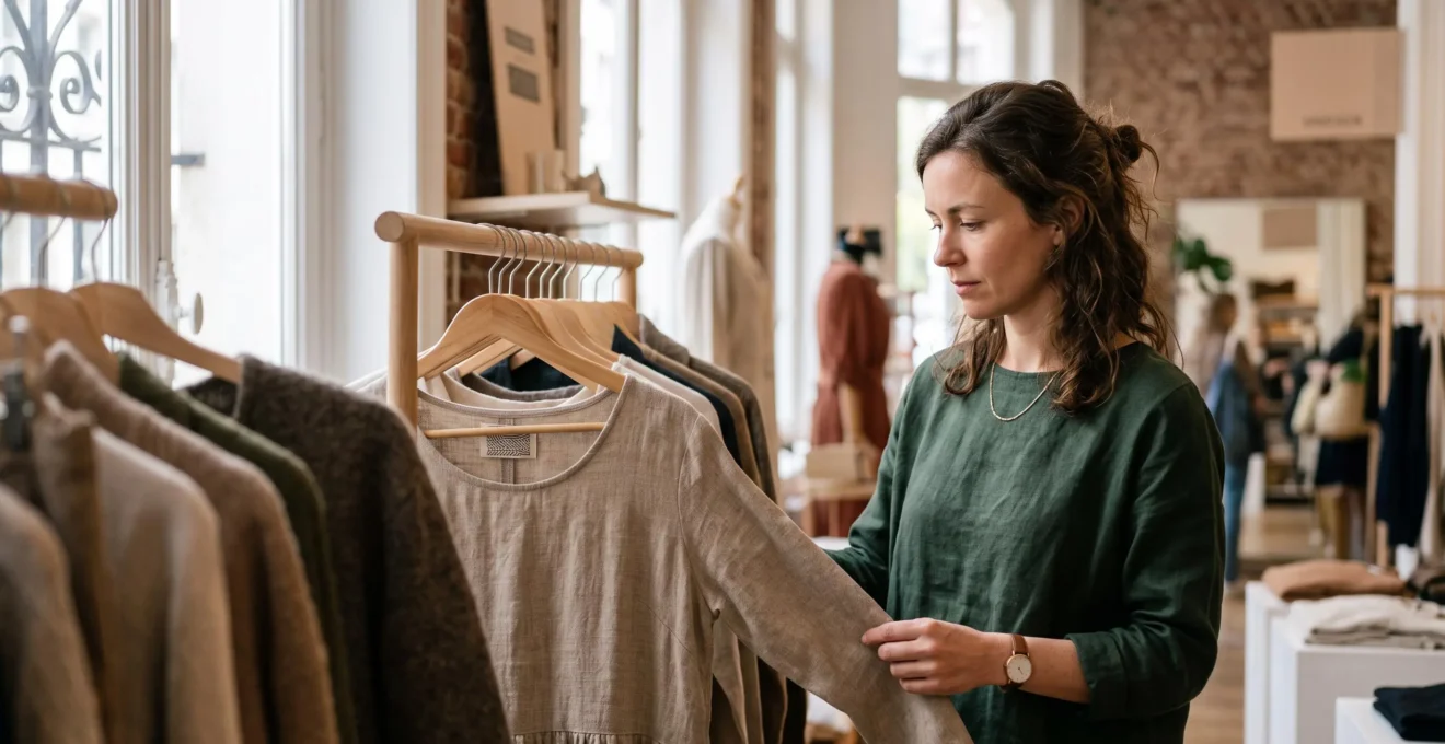 Une femme observe attentivement un vêtement suspendu dans une boutique lumineuse, symbole d'une consommation de mode responsable et consciente