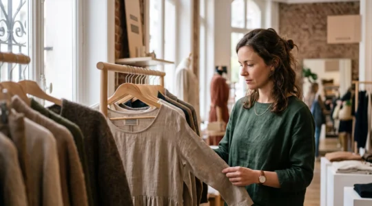 Une femme observe attentivement un vêtement suspendu dans une boutique lumineuse, symbole d'une consommation de mode responsable et consciente