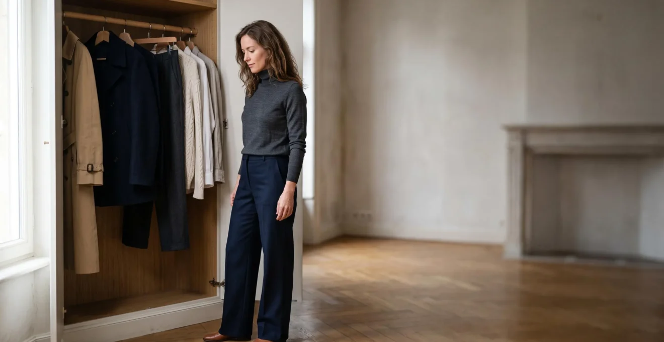 Femme élégante face à un dressing épuré et intemporel, dans une ambiance lumineuse inspirée de l'architecture bruxelloise