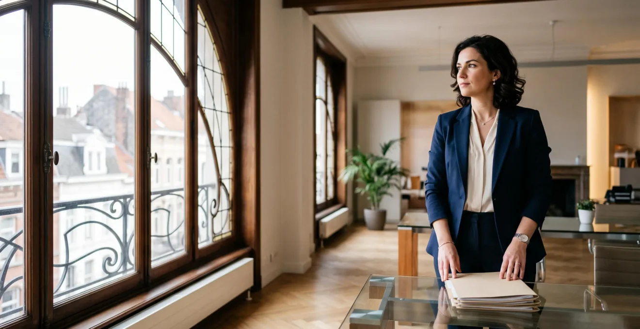 Femme professionnelle confiante dans un bureau lumineux de style bruxellois, symbolisant la prise de conscience et l'action face à l'écart salarial