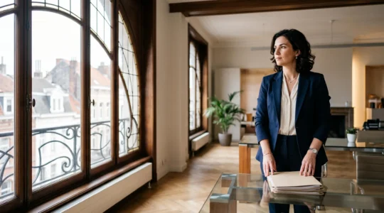 Femme professionnelle confiante dans un bureau lumineux de style bruxellois, symbolisant la prise de conscience et l'action face à l'écart salarial