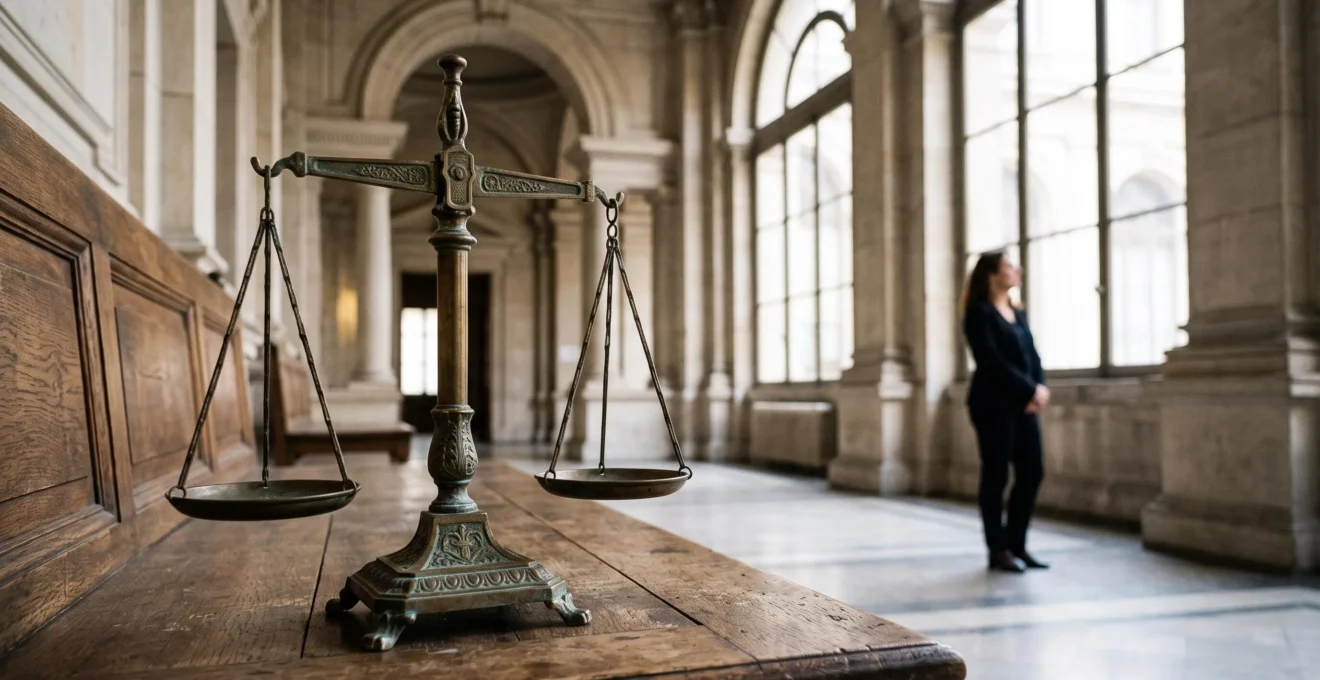 Balance de la justice éclairée par une lumière douce dans un cadre architectural belge, symbolisant l'équité juridique pour les femmes