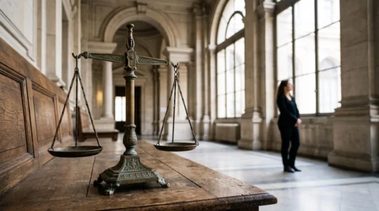 Balance de la justice éclairée par une lumière douce dans un cadre architectural belge, symbolisant l'équité juridique pour les femmes