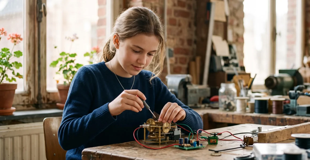 Jeune fille belge concentrée devant une construction technique, symbole de l'orientation vers les sciences et l'ingénierie